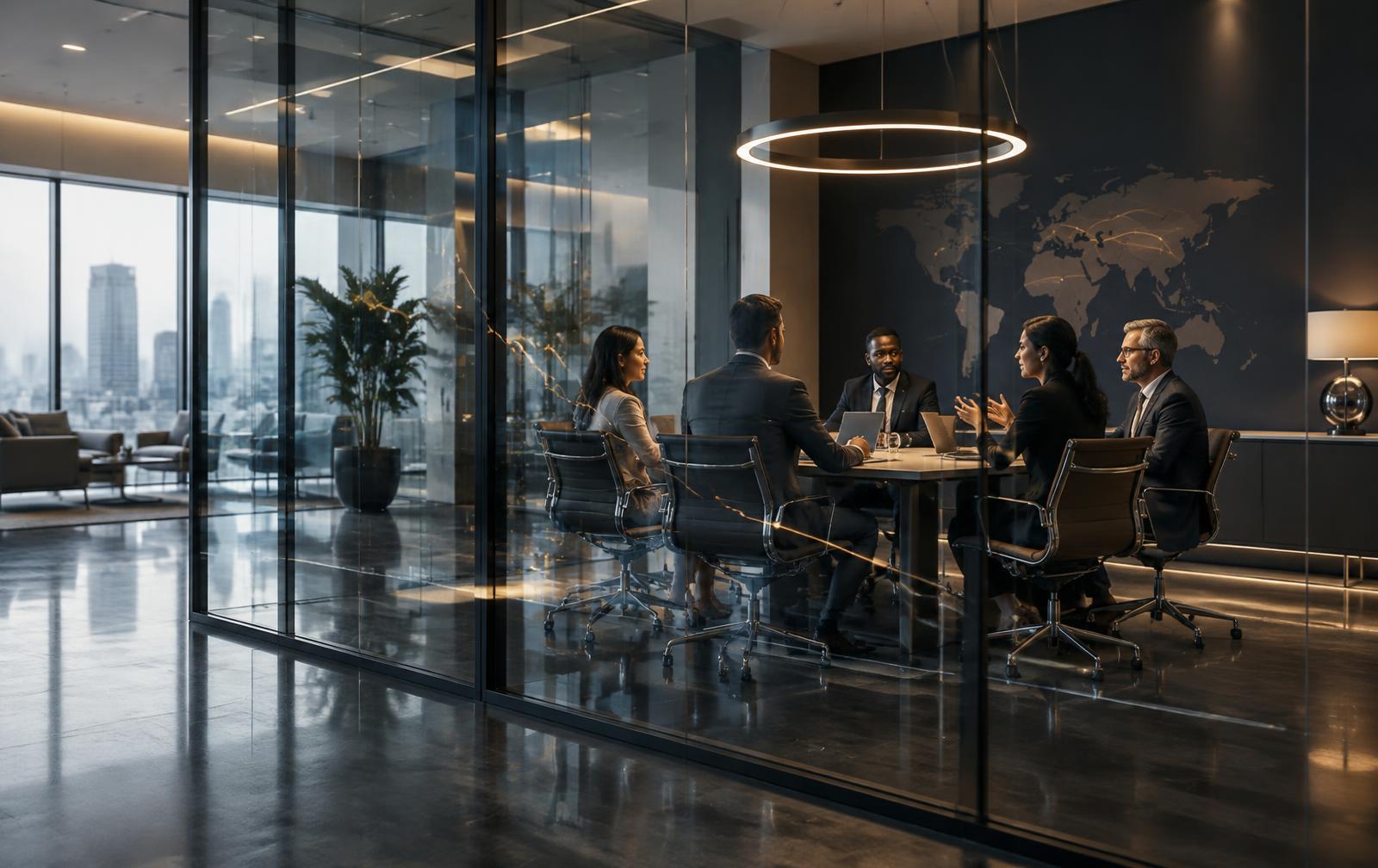 Modern glass architecture and executive collaboration